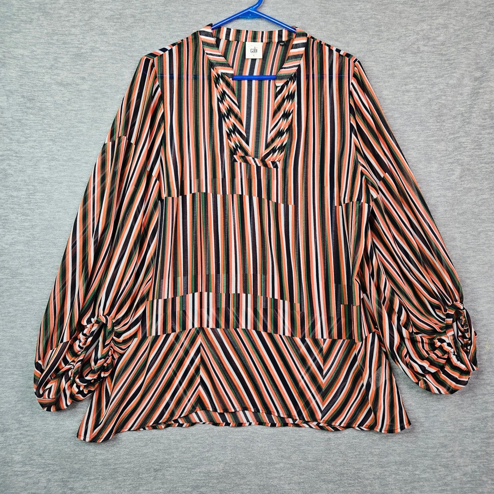 Cabi Women Multi Color Striped Sheer V-Neck Balloon Sleeve Blouse Size L
